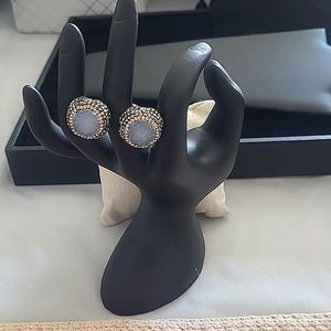DOUBLE Druzy quartz blue/gray Agate unique ring Swarovski crystals